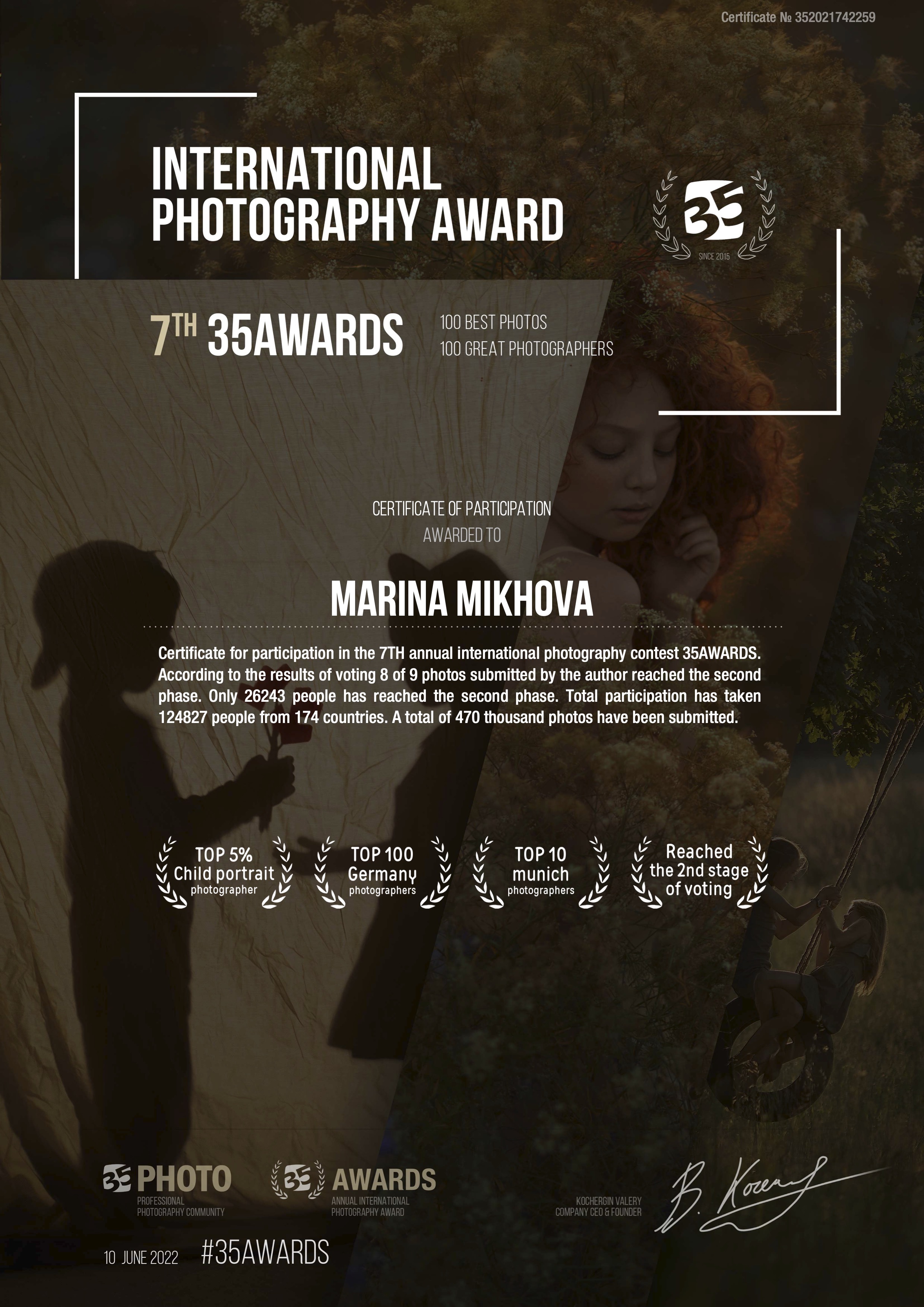 35AWARDS 2022 - international photography award certificate